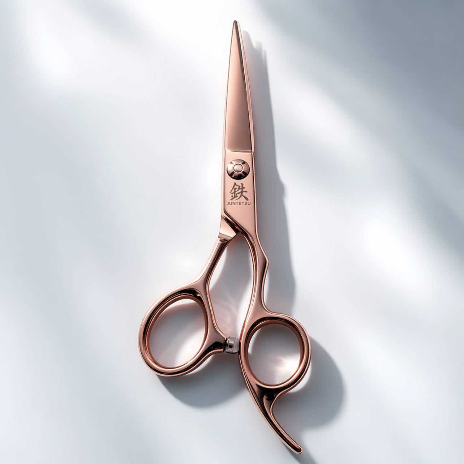 Juntetsu Rose Gold Hairdressing Scissor Set - cutting scissor, angled view