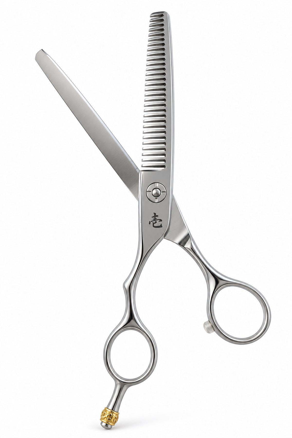 Opened Ichiro Crown left-handed thinning scissors with V-shaped teeth on show