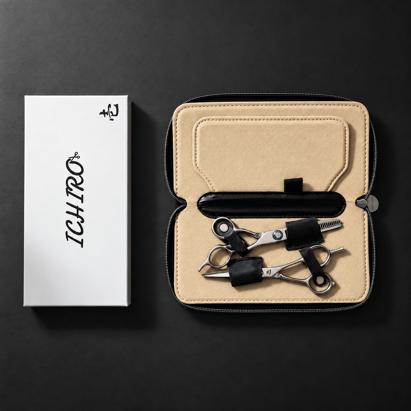 Cutting and thinning scissors stored in the Ichiro hairdresser travel case, scissors not included (SKU: ICH-CASE-TRV)